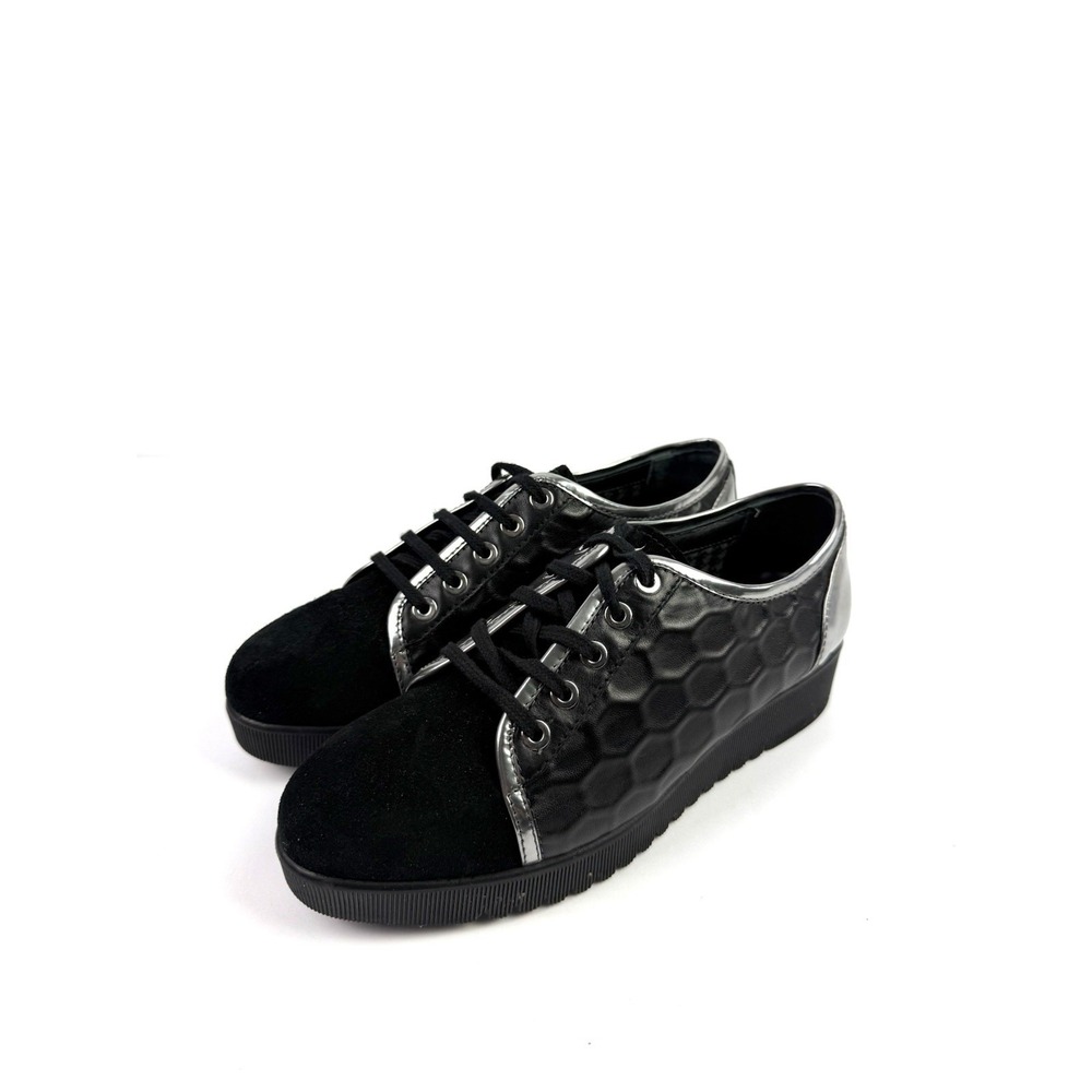 Aquatalia Aida Shoes 7 Black Silver Leather Honeycomb Lace Up Oxford Women Retro